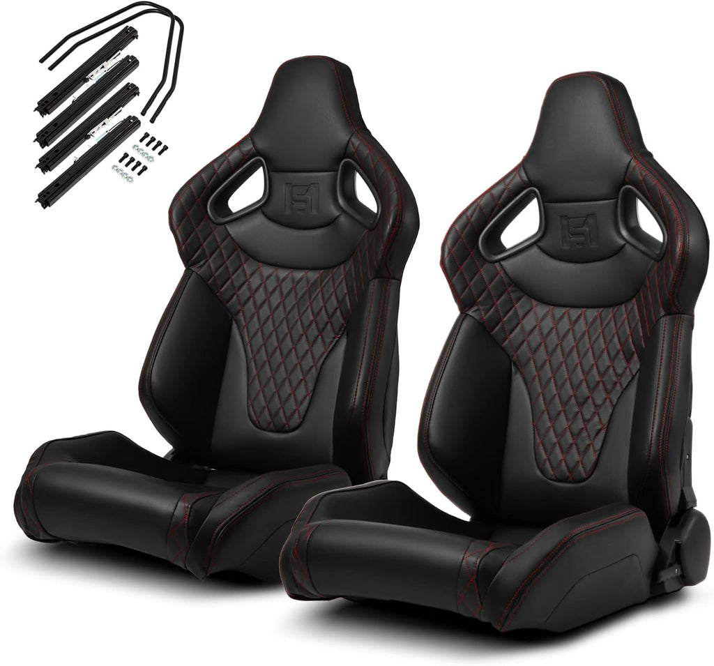 1 Pair Universal Black PVC Sport Racing Seats with Slider E3973