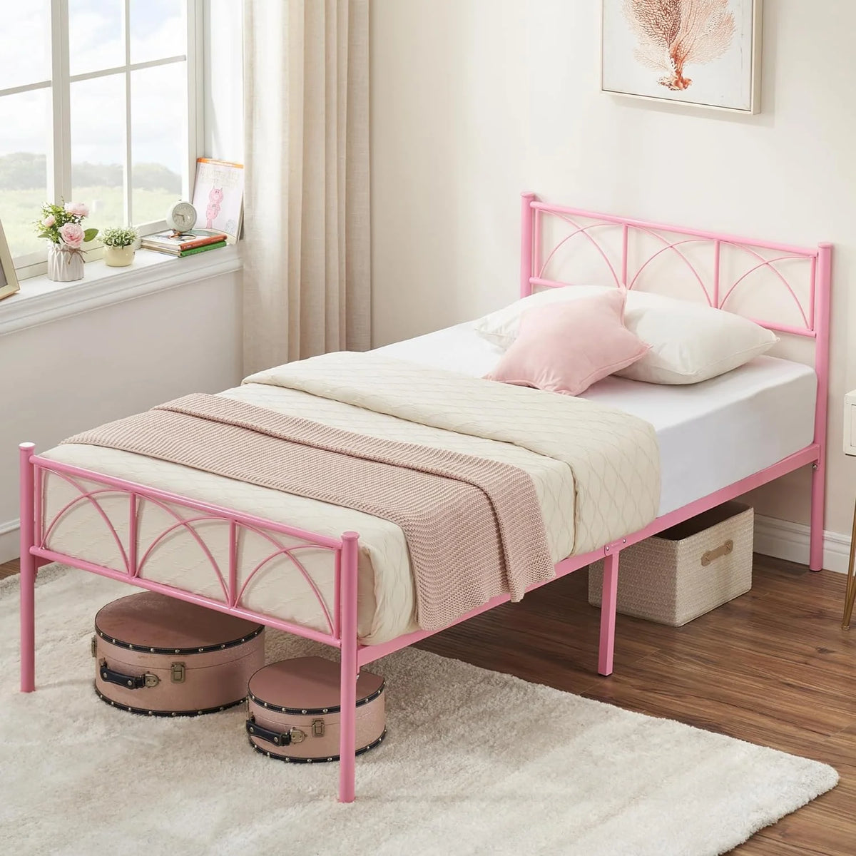 Pink Twin Metal Platform Bed Frame with Headboard and Footboard R9315