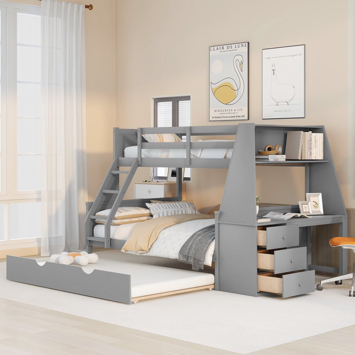 Twin over Full Bunk Bed with Trundle, Desk, 3 Drawers, Gray F952