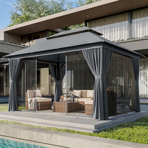 10x12 Metal Gazebo with Mosquito Netting and Privacy Screen I65359