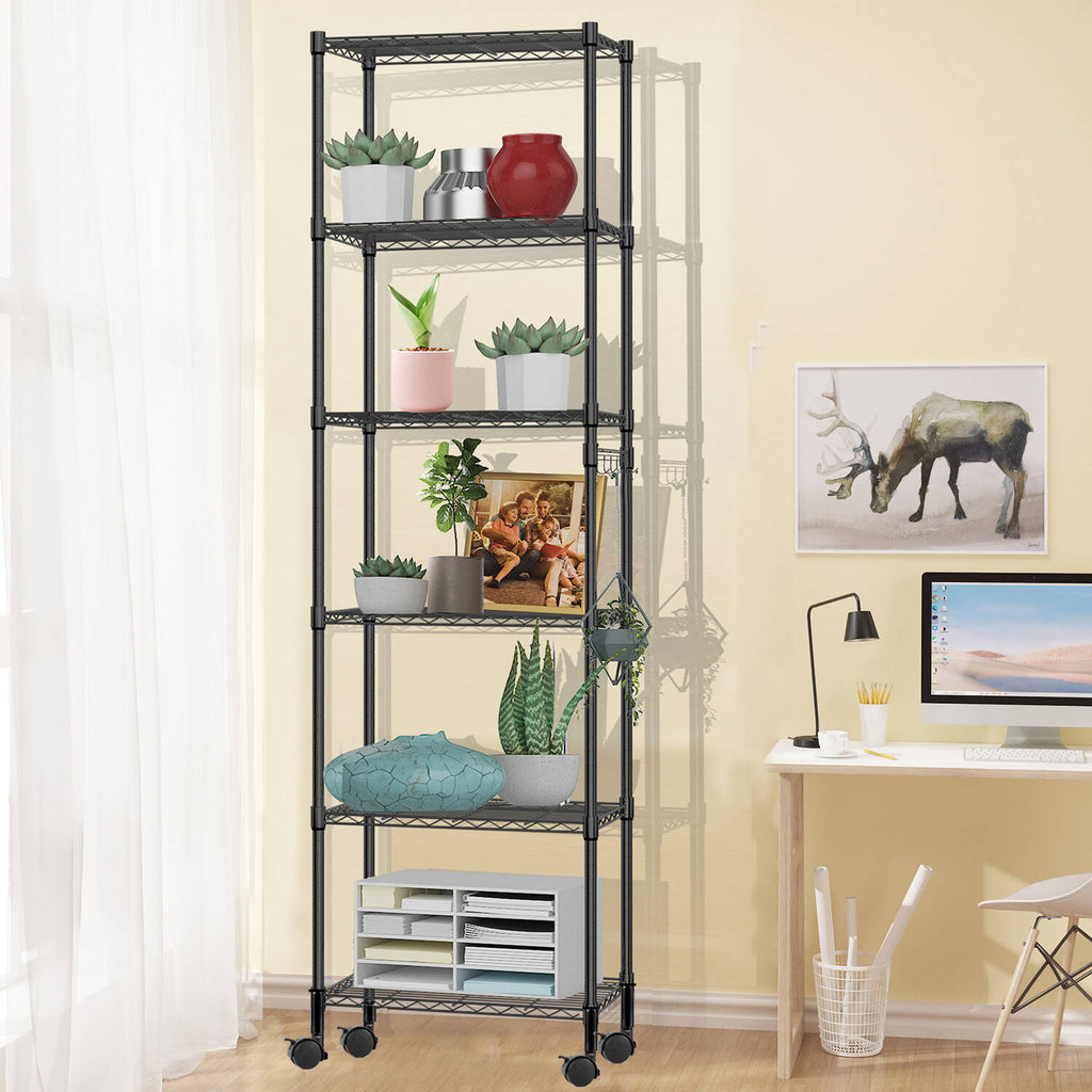 6 Shelves Wire Metal Heavy Duty Shelving Rack with Wheel, Silver Z688811