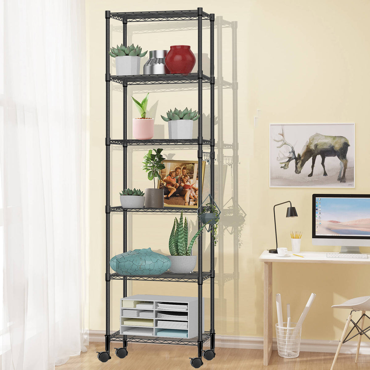6 Shelves Wire Metal Heavy Duty Shelving Rack with Wheel, Silver Z688811