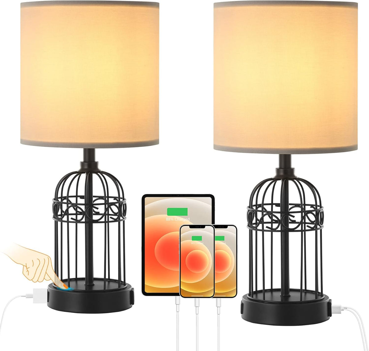 Black Cage Table Lamp Set of 2 with USB Ports and Outlets, 3-Way Dimmable, Bulbs Included N541