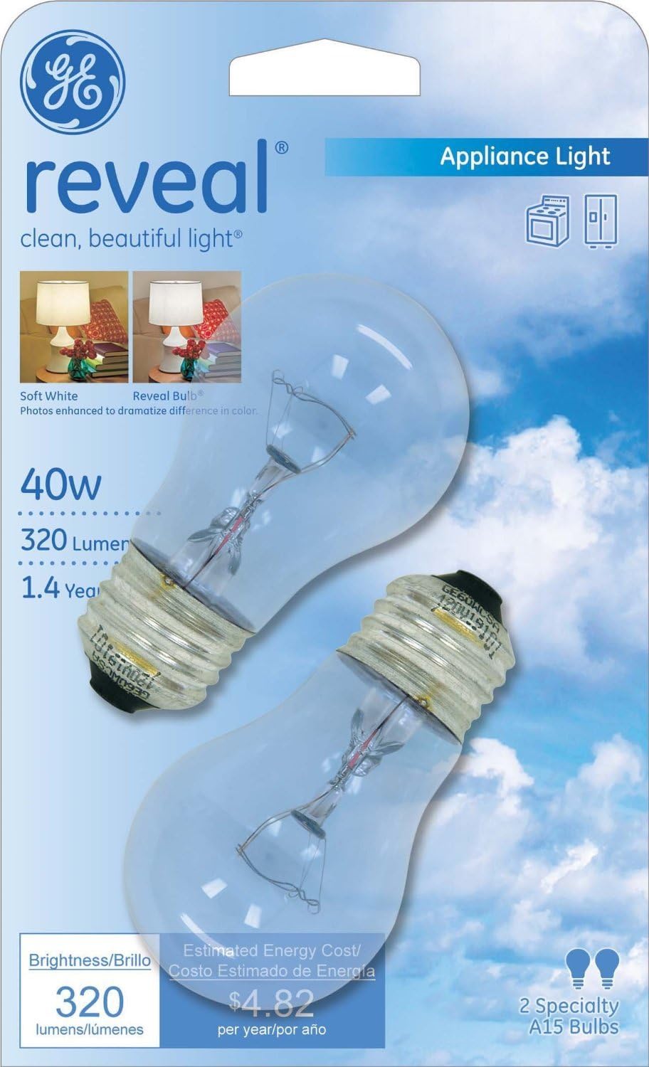 40-Watt Reveal A15 Appliance Bulb, 6 Pack H2643