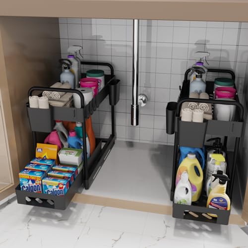 2 Pack Black 2 Tier Sliding Under Sink Shelf with 4 Hooks and Cup Slot I171