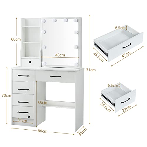 White Vanity Desk with Makeup Mirror and 10 Lights, 3 Color Mode Dimmable Sliding Lighted Mirror, 6 Large Drawers and 3 Level Storage Shelves, Upholstered Stool P303596