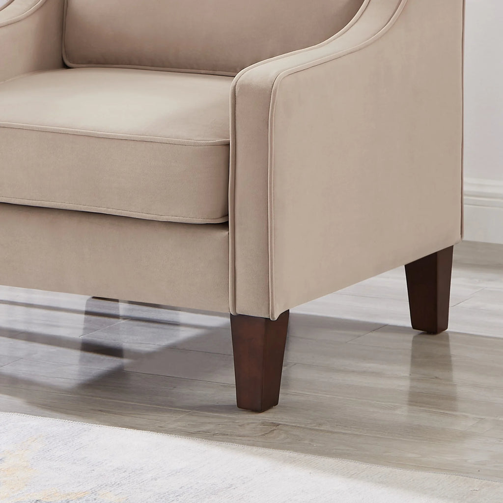 Taupe Velvet Upholstered Armchair with Wooden Legs P3574