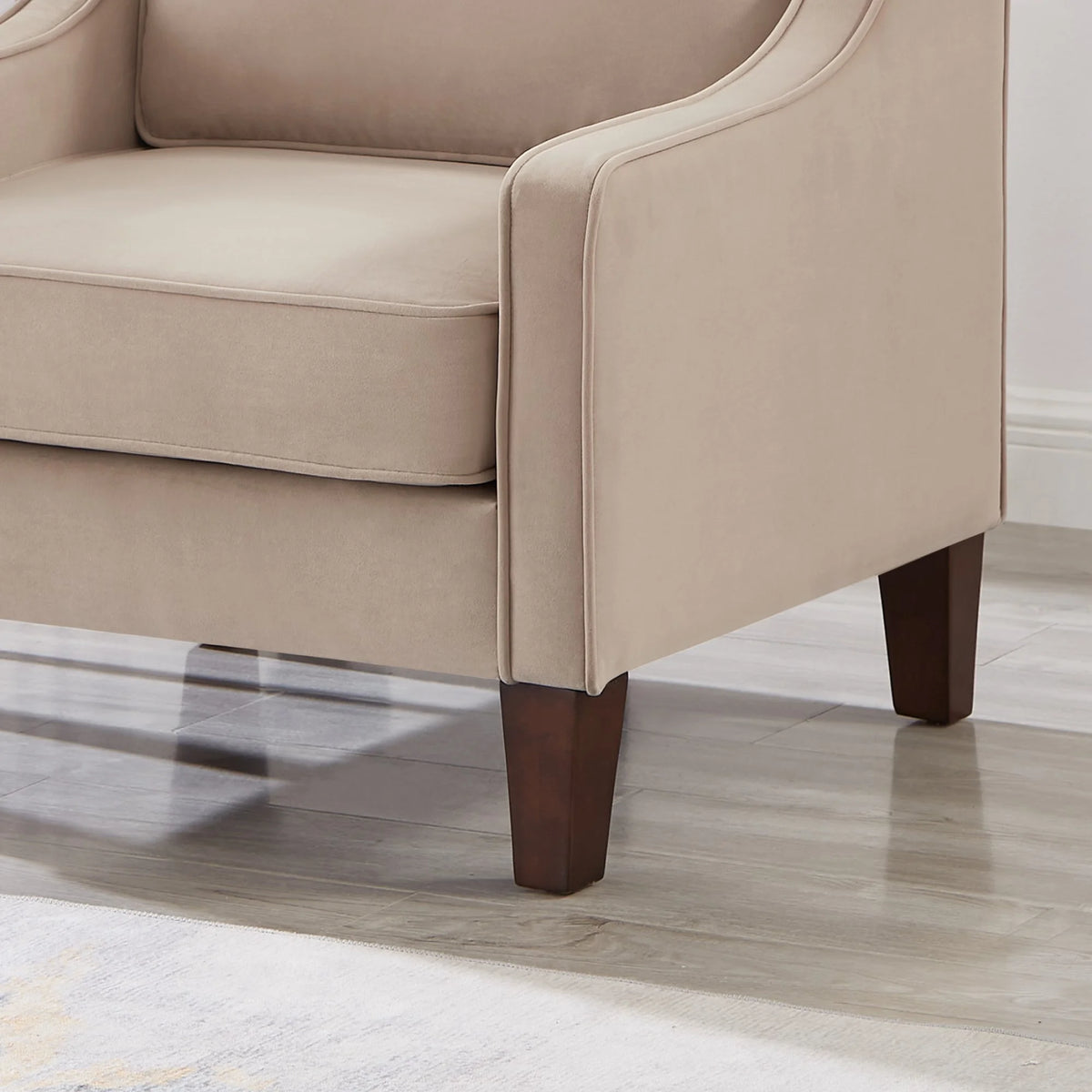 Taupe Velvet Upholstered Armchair with Wooden Legs P3574