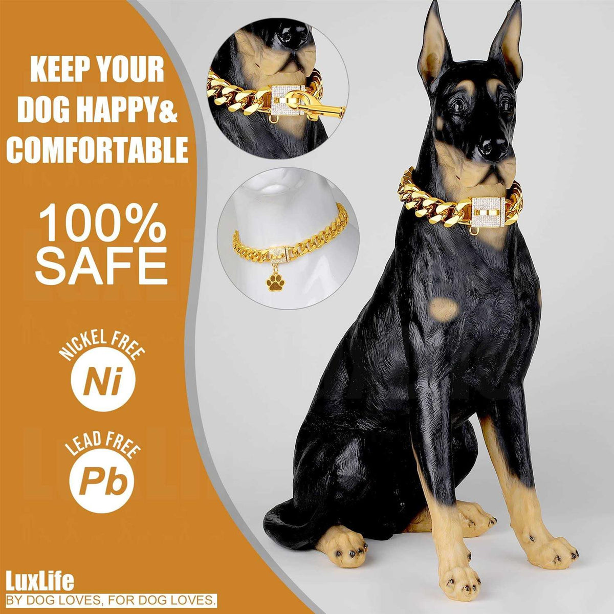 Gold CZ Buckle 19mm Cuban Link Dog Chain Collar Q5148