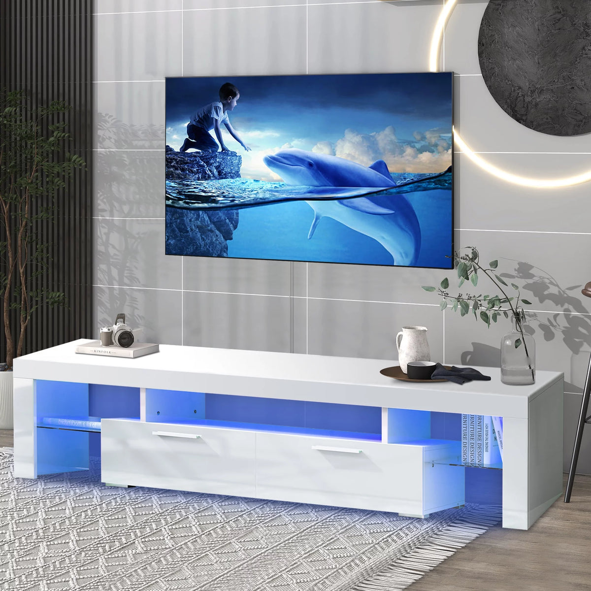 White High Gloss TV Stand with Storage Shelves R25924