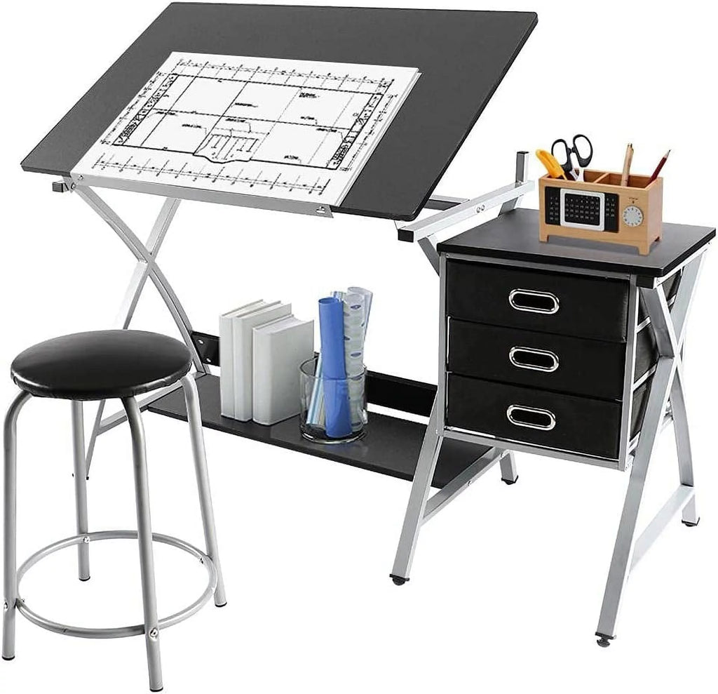 Adjustable Drafting Desk with Stool and 3 Slide Drawers Y88645