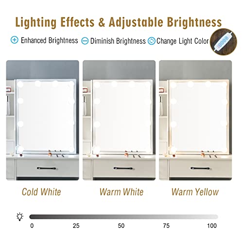 White Vanity Desk with Makeup Mirror and 10 Lights, 3 Color Mode Dimmable Sliding Lighted Mirror, 6 Large Drawers and 3 Level Storage Shelves, Upholstered Stool P303596