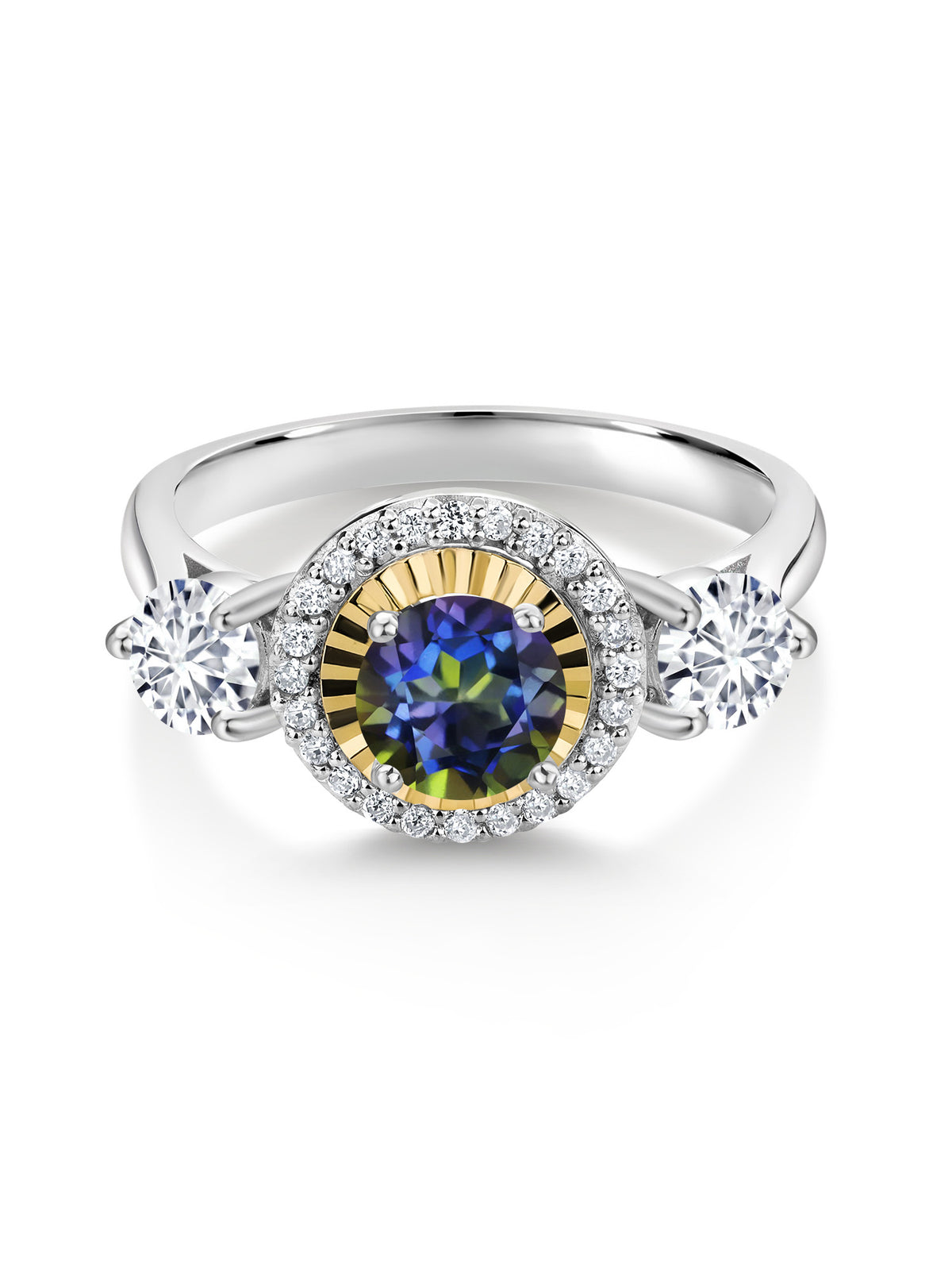 1.16 Ct Blue Mystic Topaz 925 Silver 10K Yellow Gold 3 Stone Engagement Ring E596887