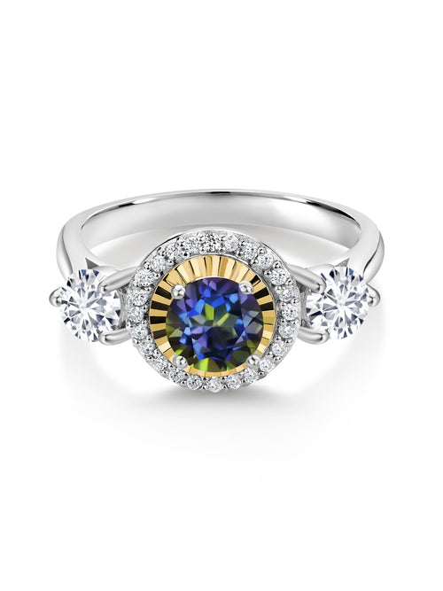 1.16 Ct Blue Mystic Topaz 925 Silver 10K Yellow Gold 3 Stone Engagement Ring E596887