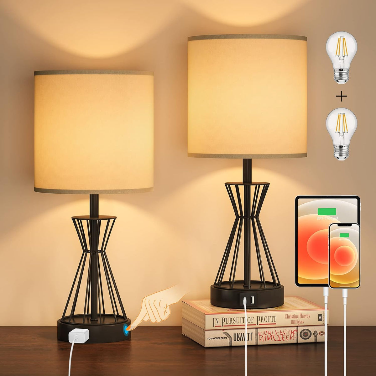 Black Cage Table Lamp Set of 2 with USB Ports and Outlets, 3-Way Dimmable, Bulbs Included N541