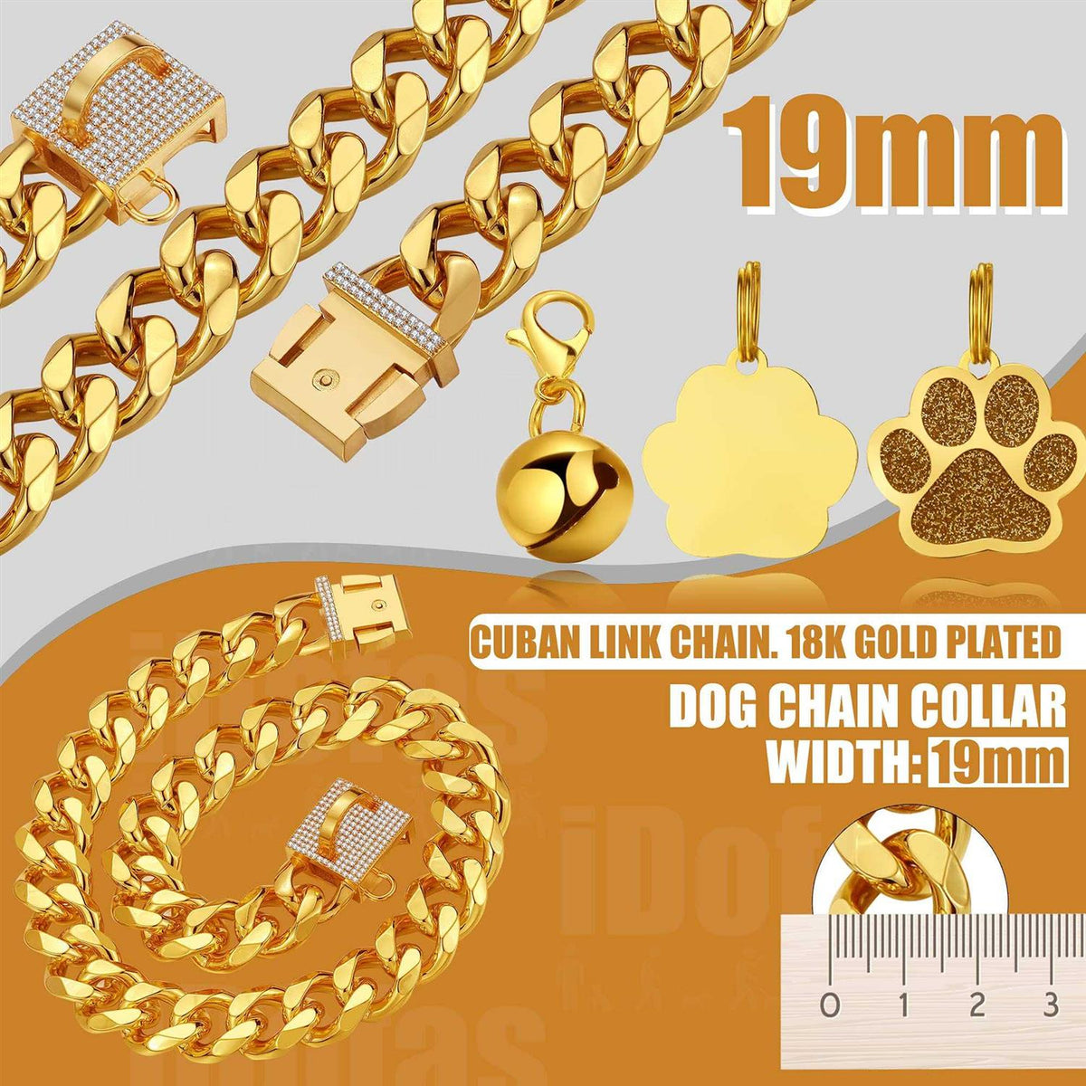 Gold CZ Buckle 19mm Cuban Link Dog Chain Collar Q5148