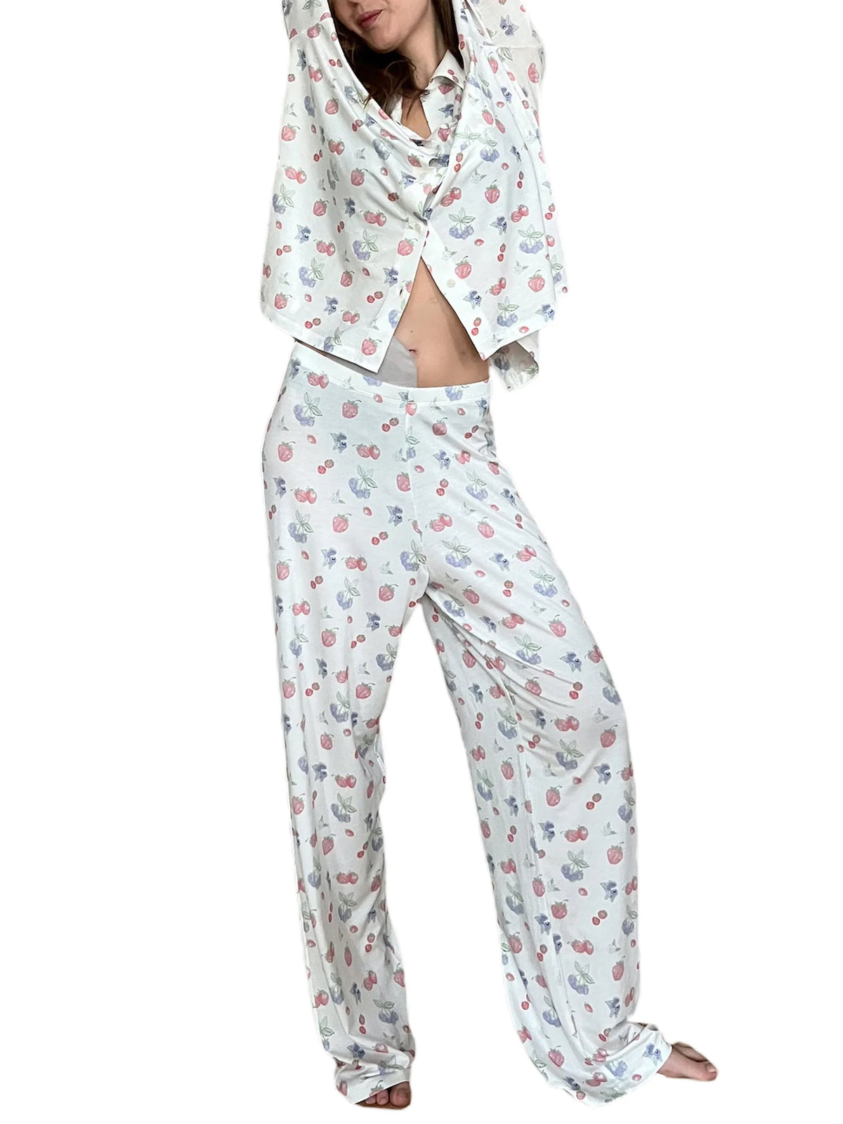Women 2 Piece Floral Pajamas Lounge Set Long Sleeve Shirt Wide Leg Pants J3290
