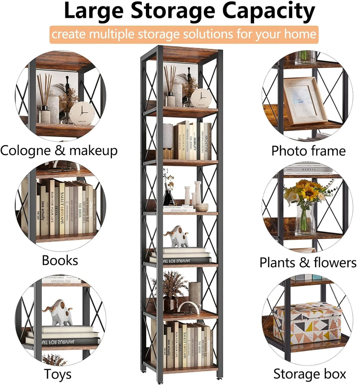 6-Tier Tall Narrow Wood Bookcase Storage Shelf F404533