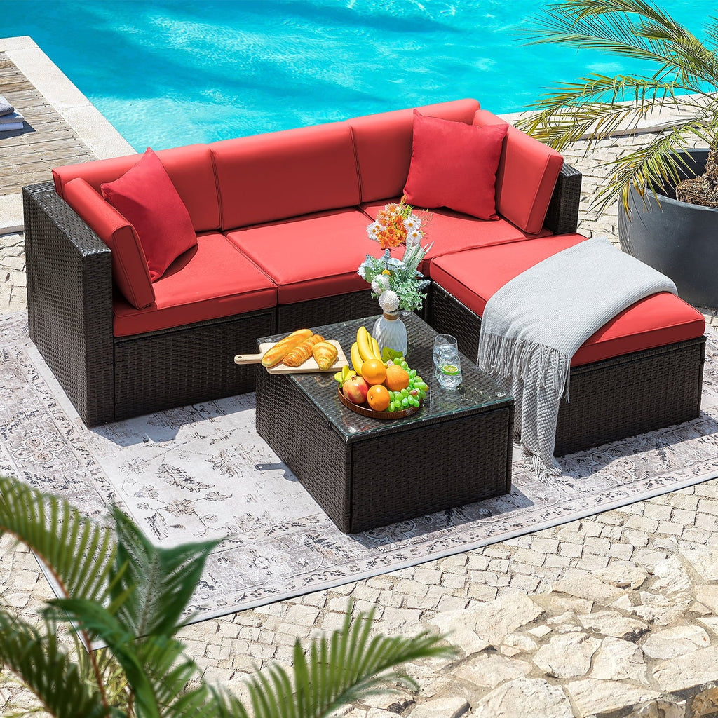 5 Pieces PE Rattan Wicker Patio Sectional Set with Table K327236