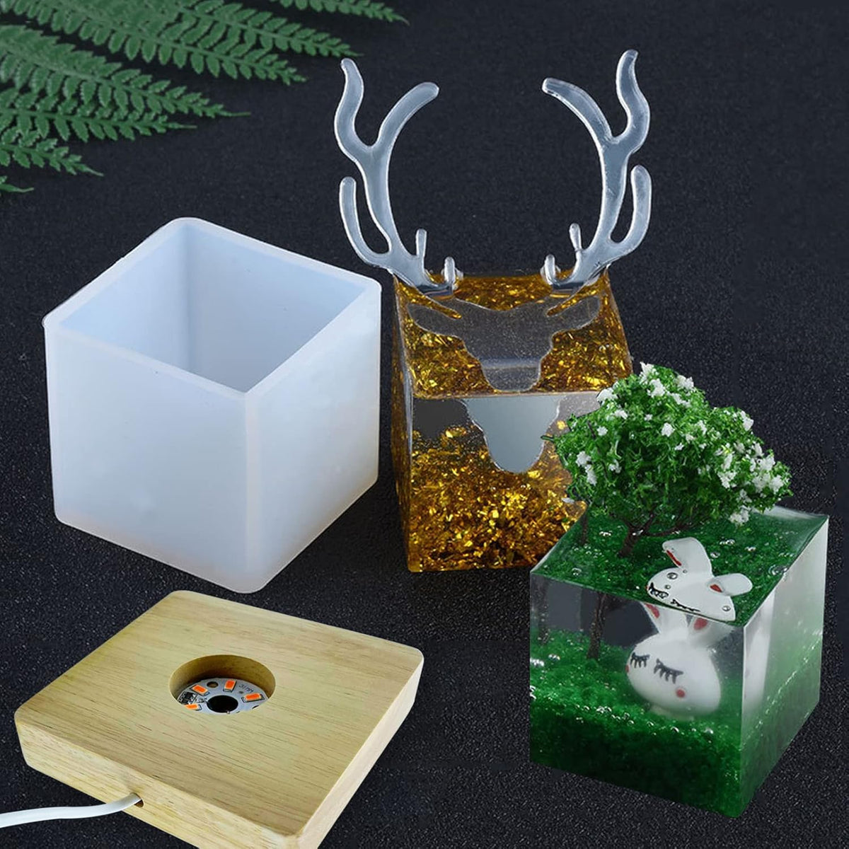 Large Cube LED Silicone Molds with USB Powered Wooden Lighted Base H12078