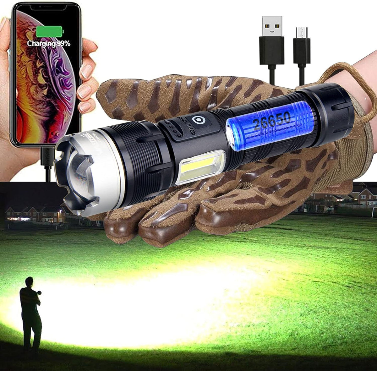 Brightest Rechargeable Zoom Flashlight Lantern Combo D243