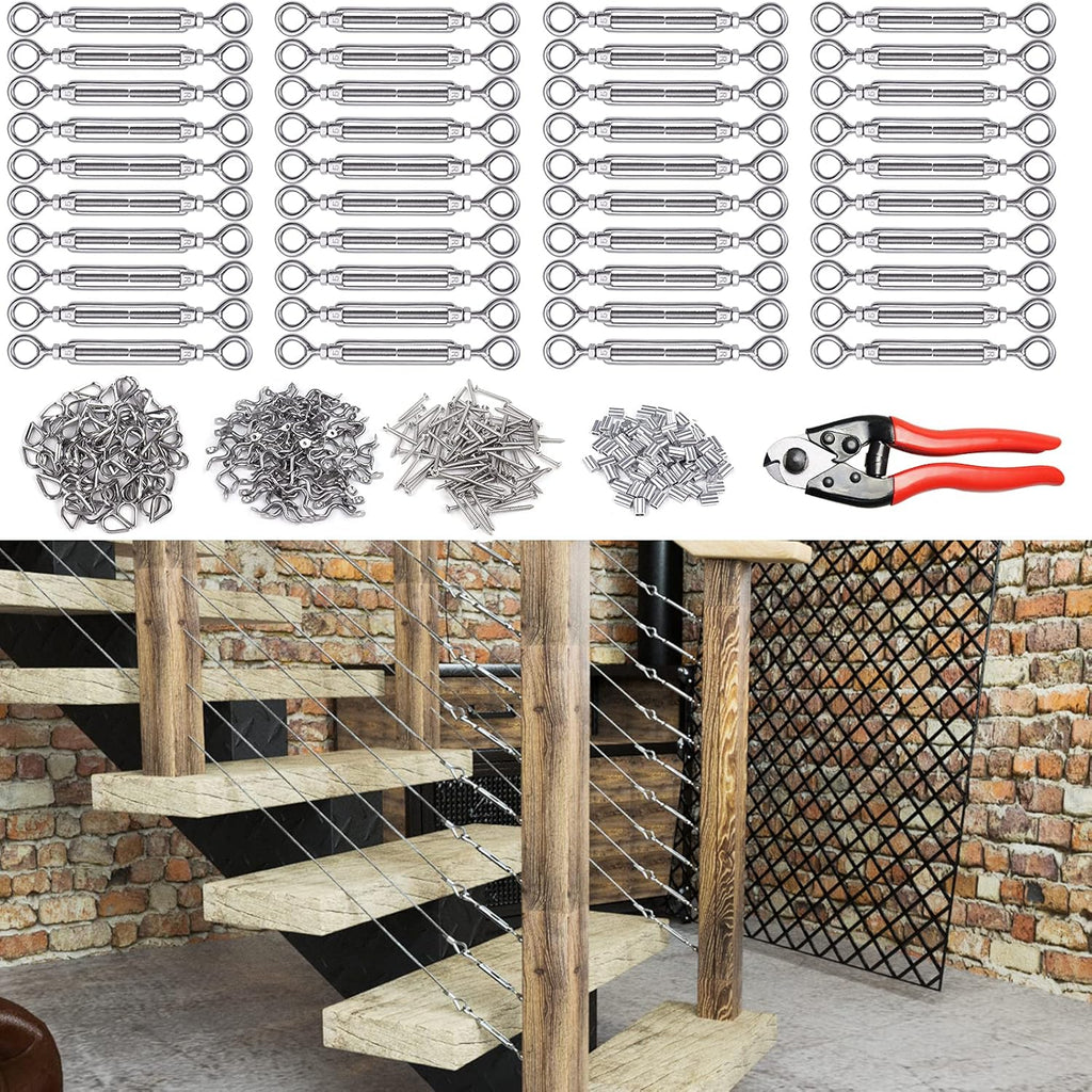 5Set 1/8 Cable Railing Kit Hardware Turnbuckle M5 Eye to Eye and 165' Wire Rope for Wood Post Stainless Steel Angle Adjustable 5 Cable Lines Z813