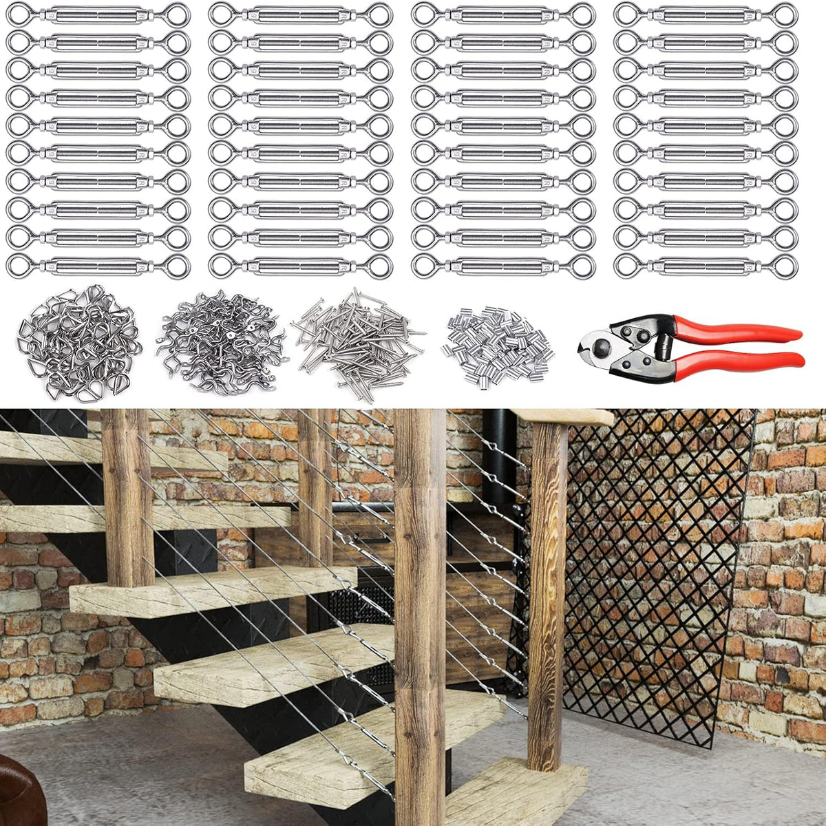 5Set 1/8 Cable Railing Kit Hardware Turnbuckle M5 Eye to Eye and 165' Wire Rope for Wood Post Stainless Steel Angle Adjustable 5 Cable Lines Z813