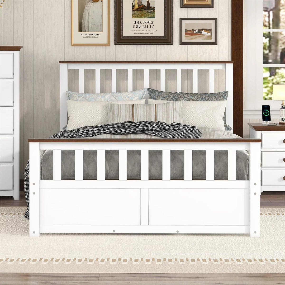 White Walnut Full Size Wood Platform Bed with Two Drawers N53477