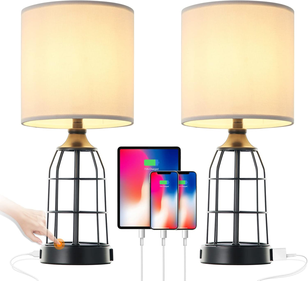 Black Cage Table Lamp Set of 2 with USB Ports and Outlets, 3-Way Dimmable, Bulbs Included N541