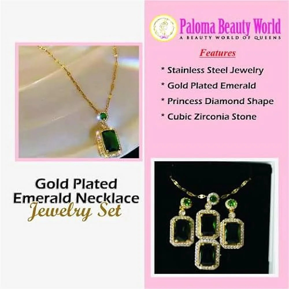 3Pcs/Set Iced Out Cubic Zirconia Green Gemstone Ring Necklace Earrings Gold Plated Jewelry Sets P467293
