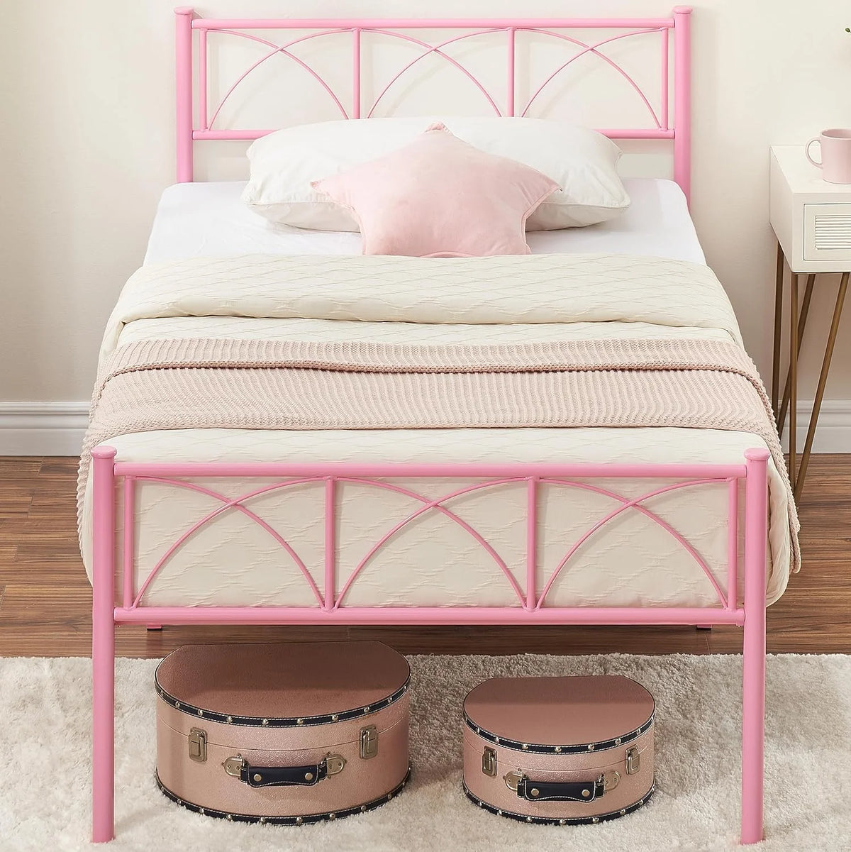 Pink Twin Metal Platform Bed Frame with Headboard and Footboard R9315
