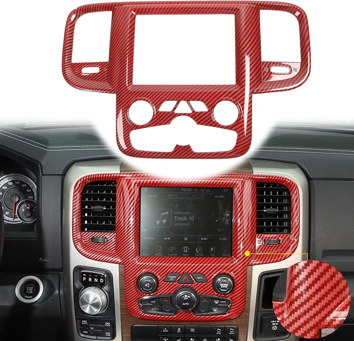 Red Carbon Fiber ABS Center Control Touch Screen Trim Cover for Dodge RAM 2011-2017 M9264