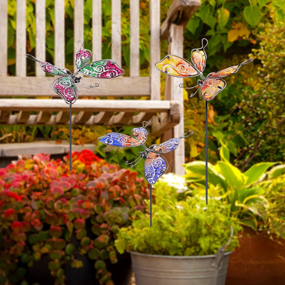 Set of 3 Glass & Metal Butterfly Garden Stakes Z4320