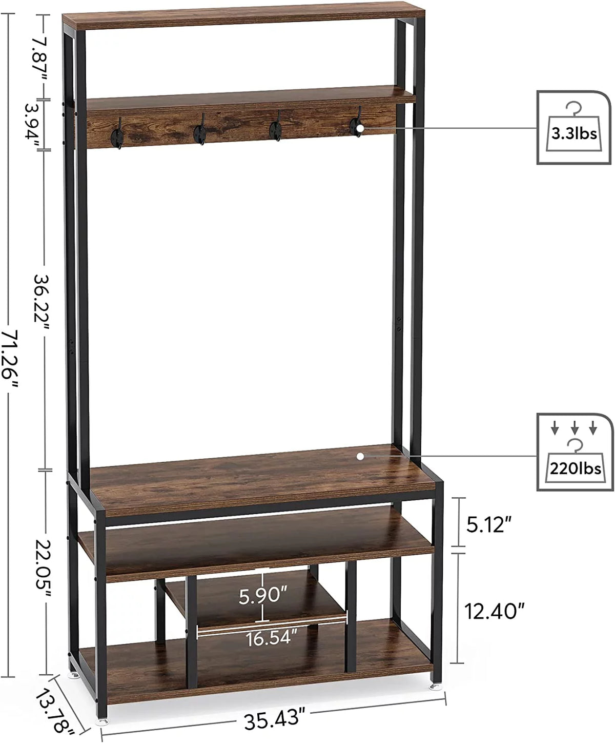 Industrial Coat Rack with Bench and Shoe Rack V214