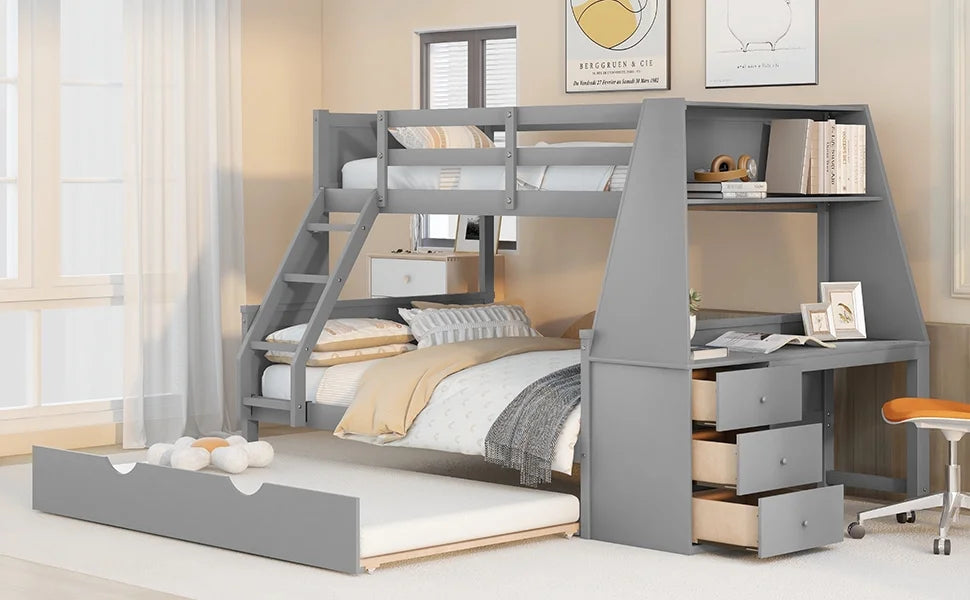 Twin over Full Bunk Bed with Trundle, Desk, 3 Drawers, Gray F952