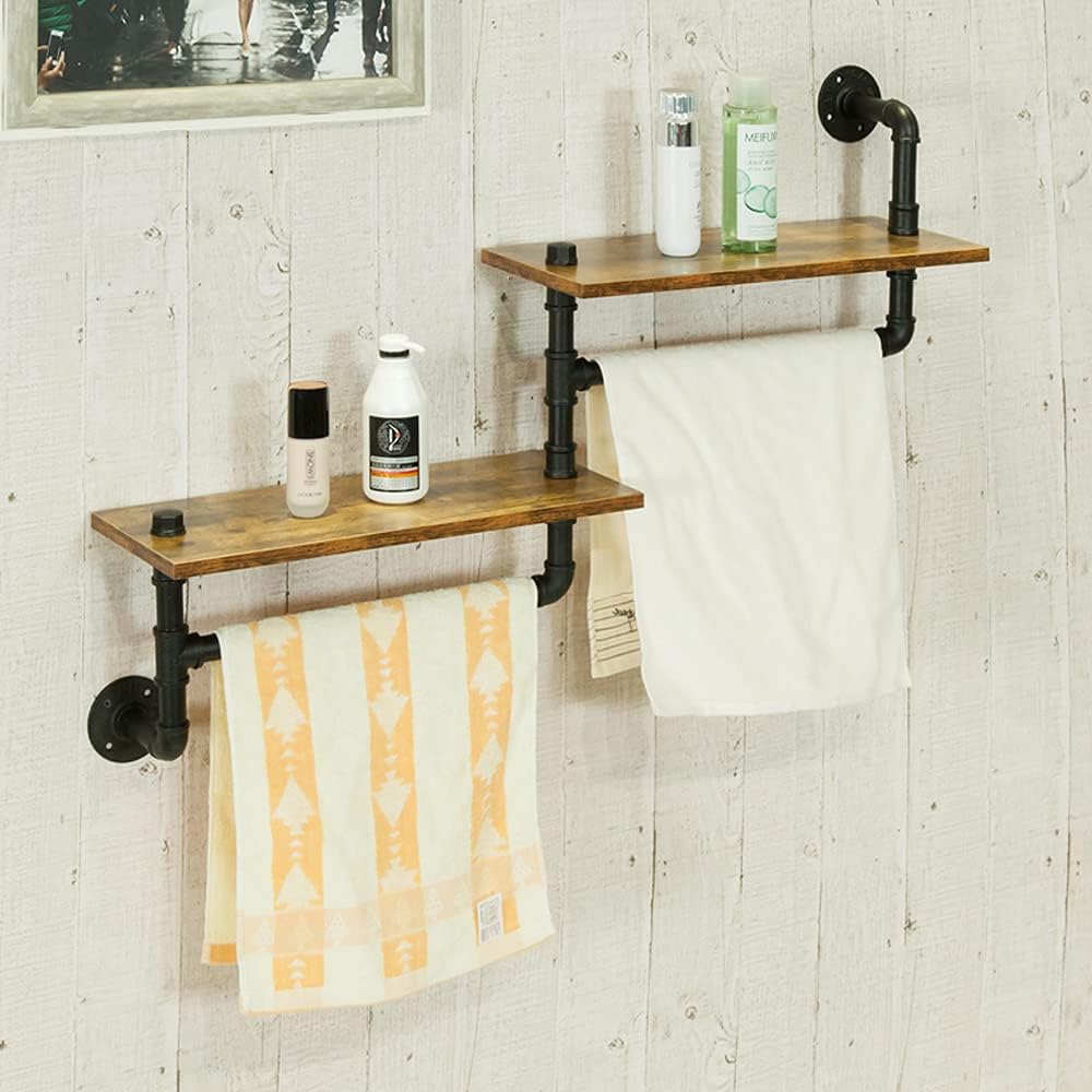 Rustic 2 Tier Wall Mounted Metal Shelves with Towel Bars F619