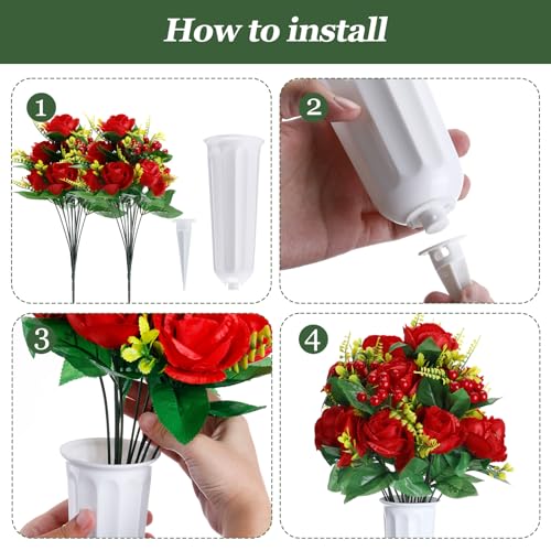 8 Bunches Silk Artificial Rose Bouquet with Grave Vase (White, Red) I2282
