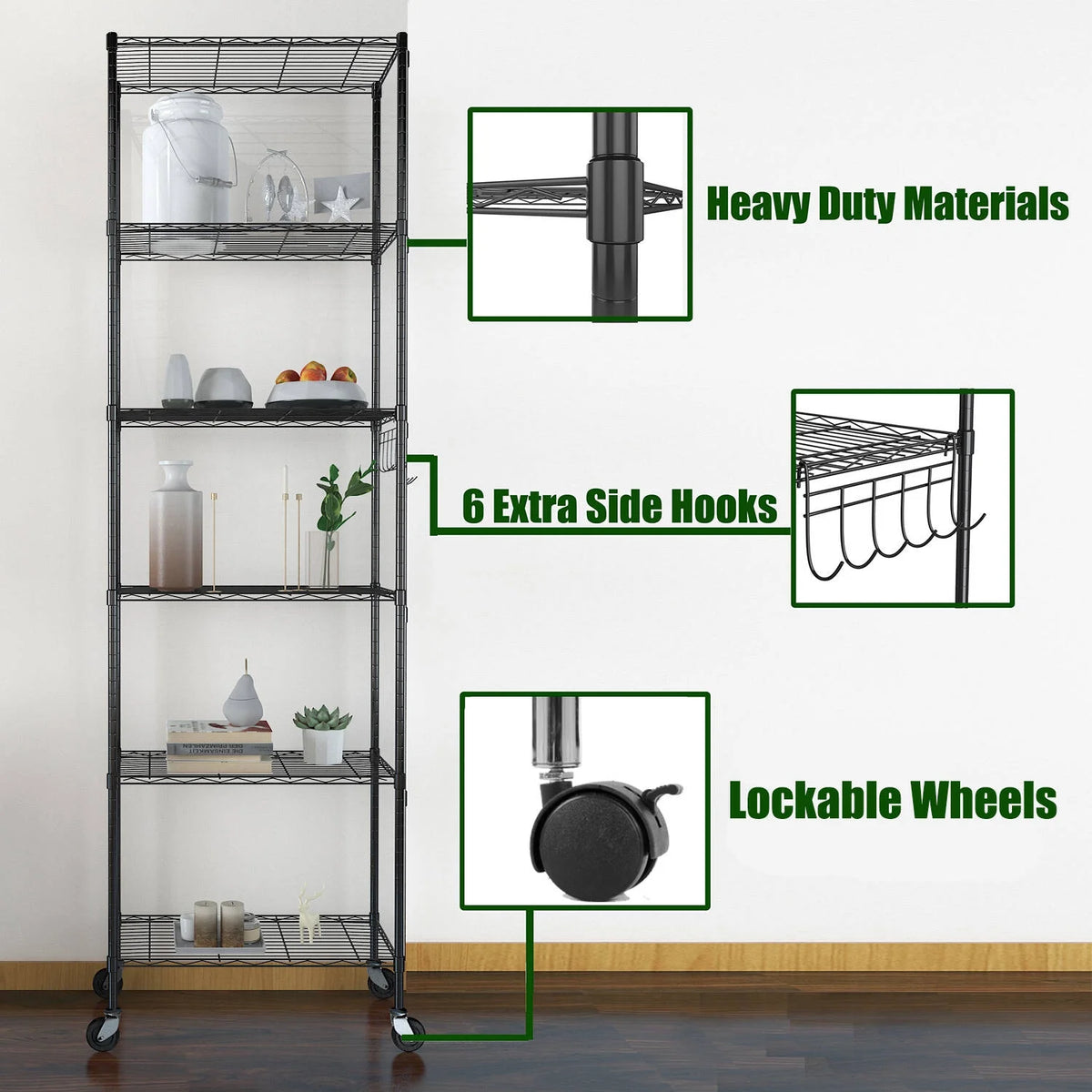 6 Shelves Wire Metal Heavy Duty Shelving Rack with Wheel, Silver Z688811