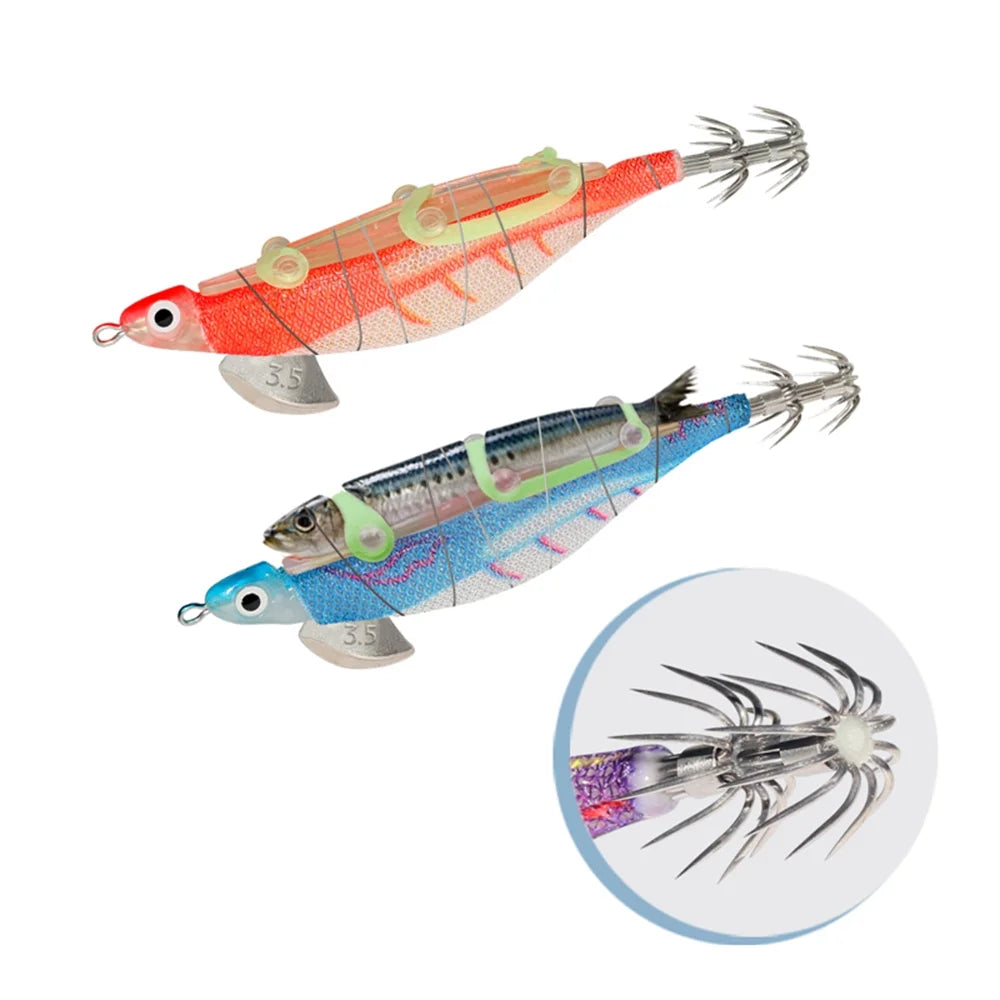 10pcs Fishing Luminous Shrimp Lure Hard Artificial Bait Wood with Squid Hooks T702168