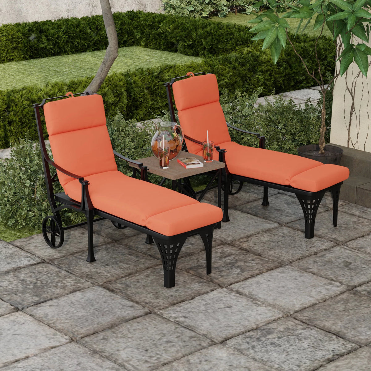 Melon Orange Solid Rectangular Outdoor Chaise Lounge Cushion with Ties V233618