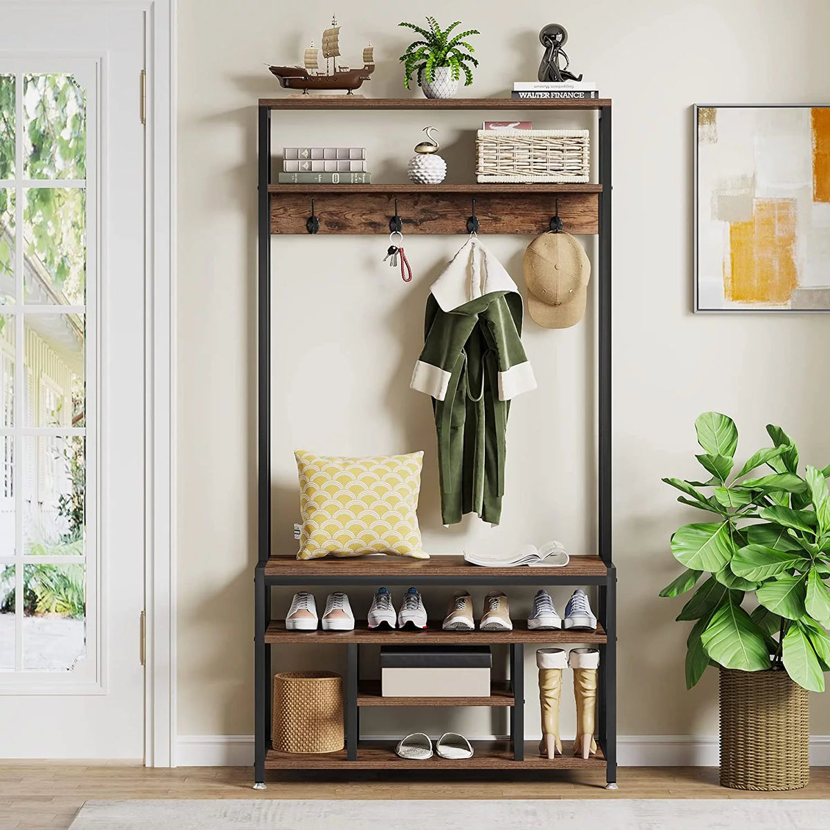Industrial Coat Rack with Bench and Shoe Rack V214