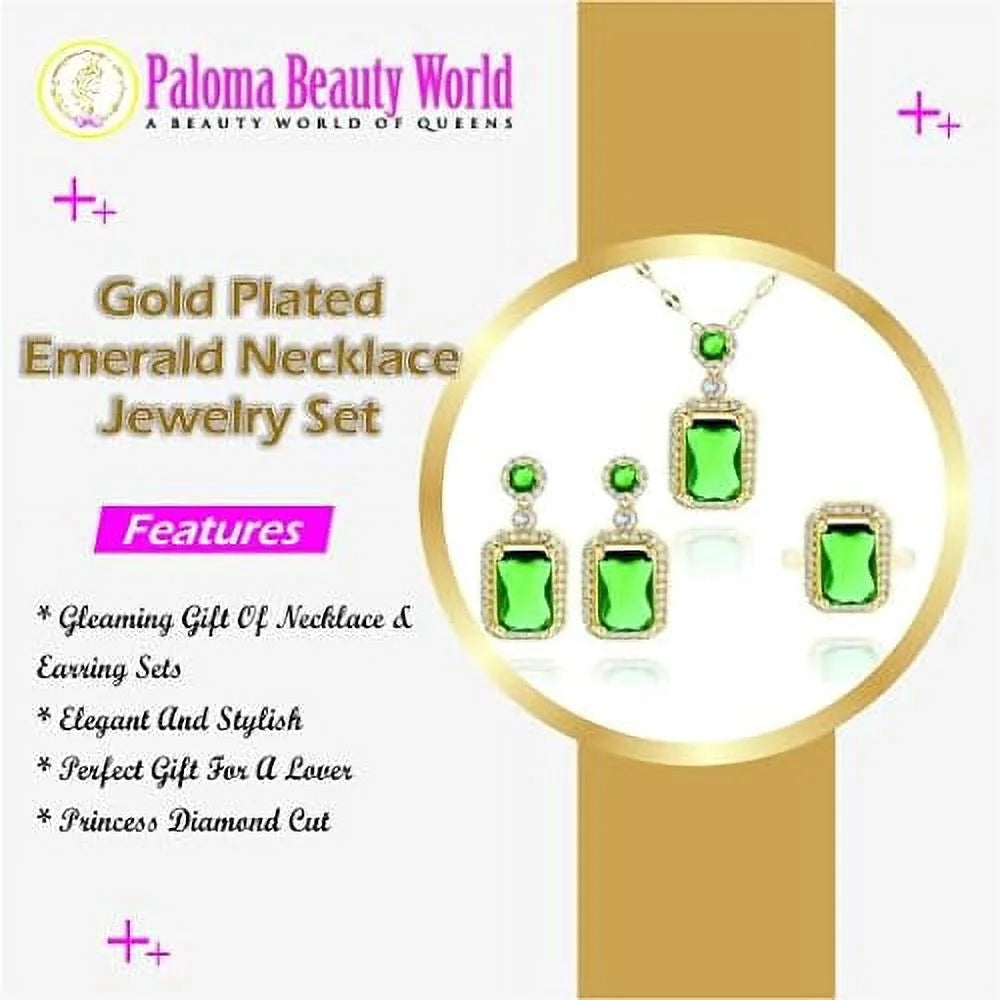 3Pcs/Set Iced Out Cubic Zirconia Green Gemstone Ring Necklace Earrings Gold Plated Jewelry Sets P467293