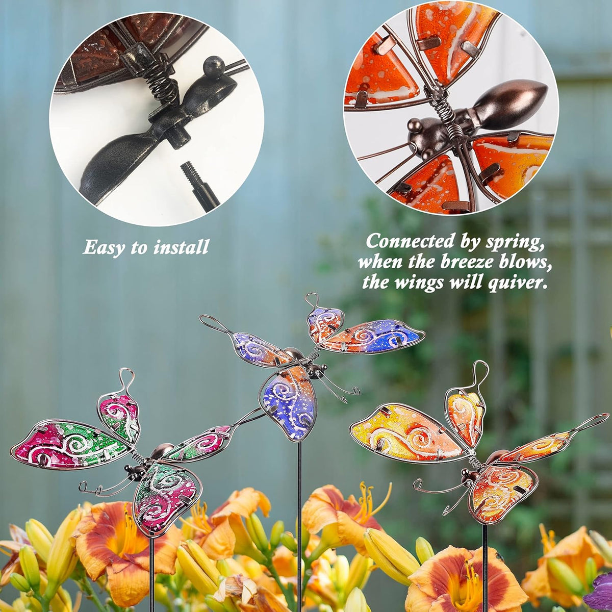 Set of 3 Glass & Metal Butterfly Garden Stakes Z4320