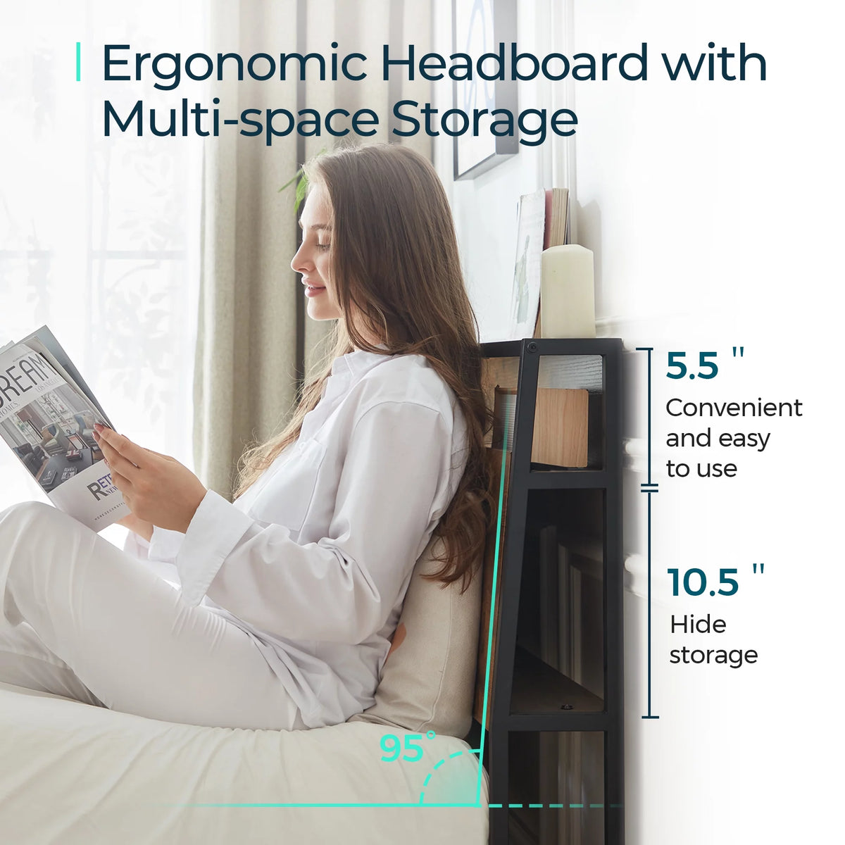 Full Size Platform Bed Frame with Headboard and Storage Shelves V730