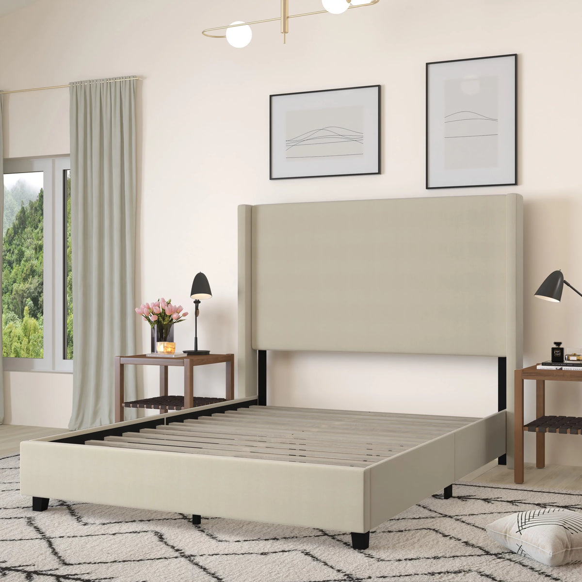 Queen Size Beige Faux Linen Upholstered Platform Bed Frame D991951