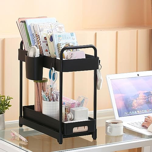 2 Pack Black 2 Tier Sliding Under Sink Shelf with 4 Hooks and Cup Slot I171