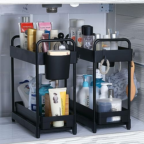 2 Pack Black 2 Tier Sliding Under Sink Shelf with 4 Hooks and Cup Slot I171