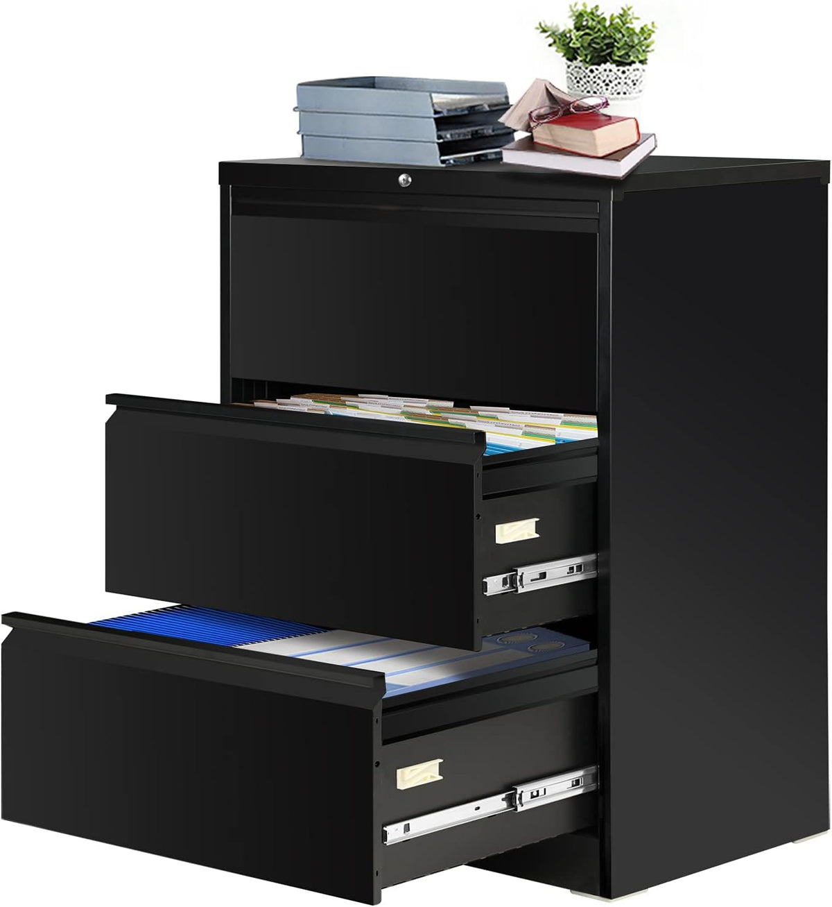 3 Drawer Black Metal Lateral File Cabinet with Lock Y4213