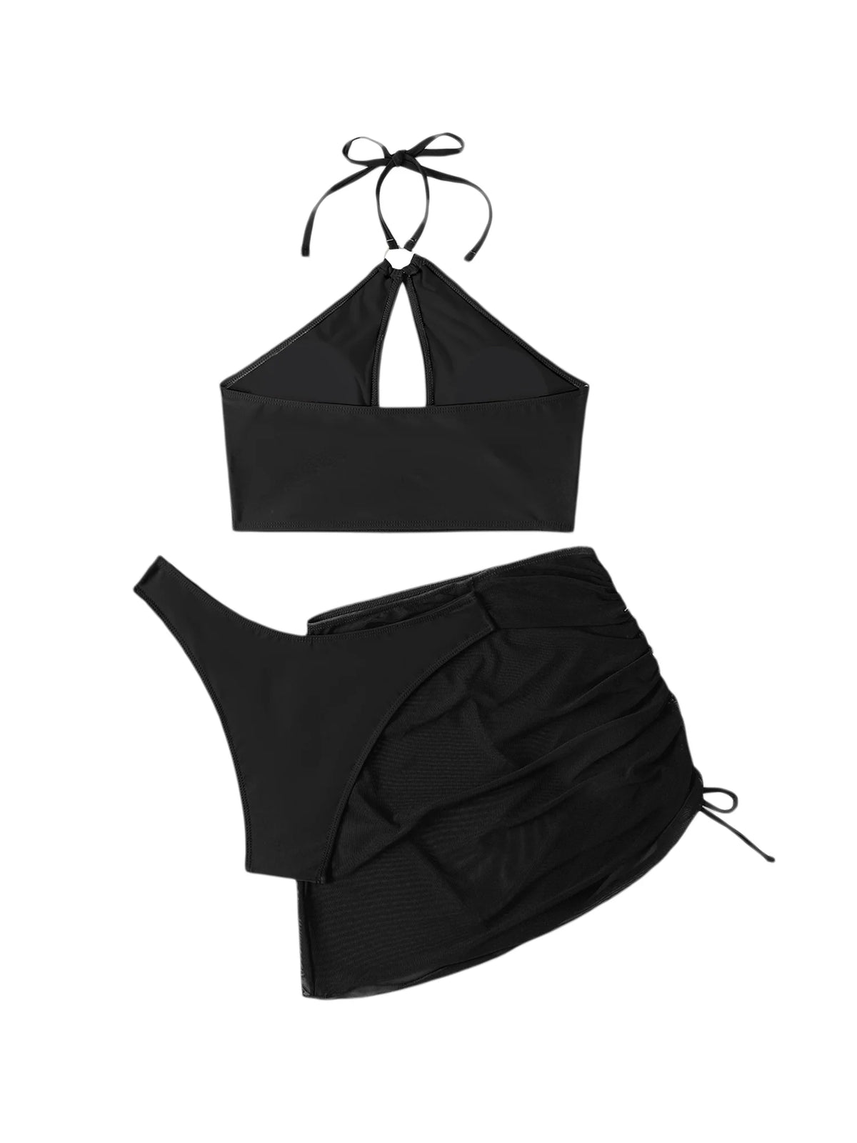 3 Pcs Bikini Set Halter Backless Tie-up Swim Bra Thong with Sarong Skirt Tie-dye Black R87154