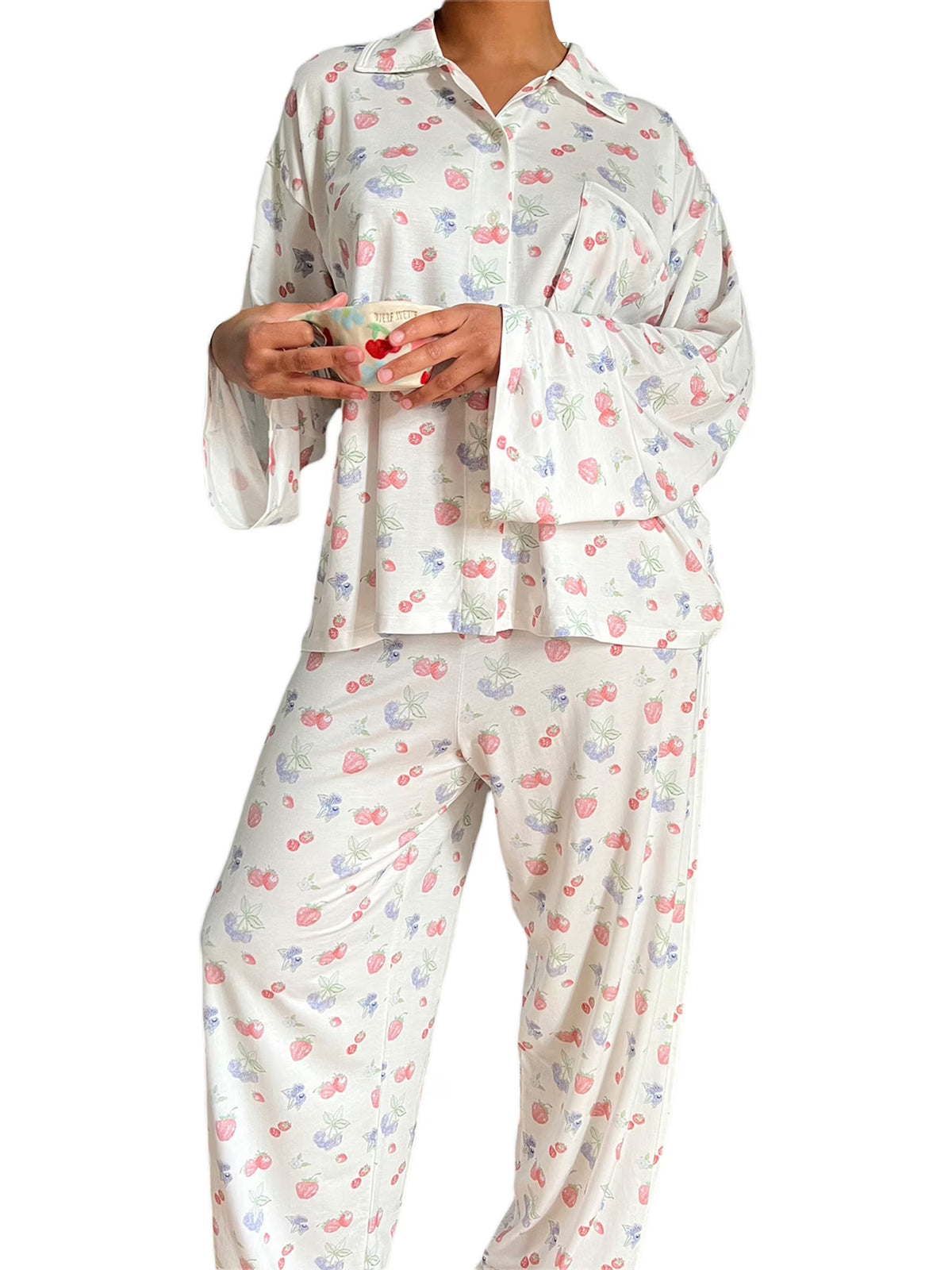 Women 2 Piece Floral Pajamas Lounge Set Long Sleeve Shirt Wide Leg Pants J3290